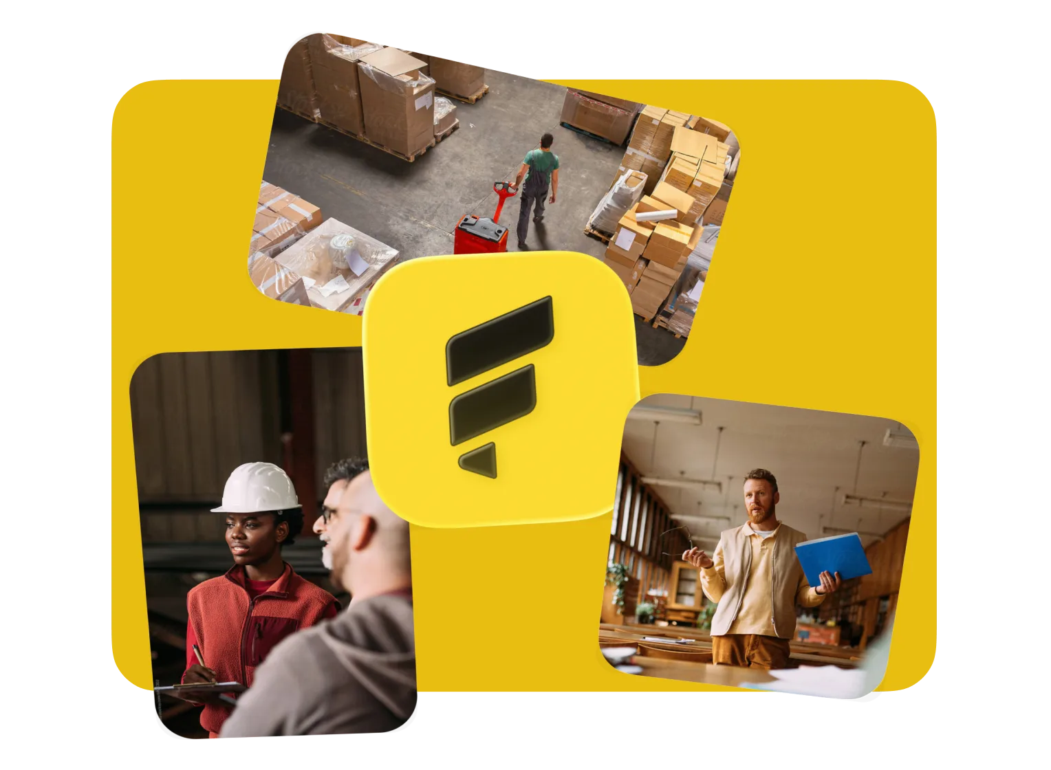 Workers in a warehouse, on a job site and in a classroom around the Fold app icon